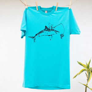 Cat Riding Shark Fishing T-Shirt Design Travel