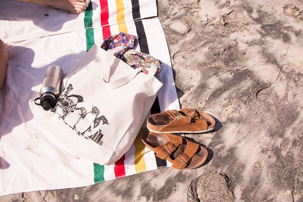 Art Tote Bag with Sandals on the Beach 