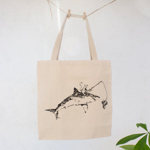 Cat Fishing on Great White Shark Canvas Tote